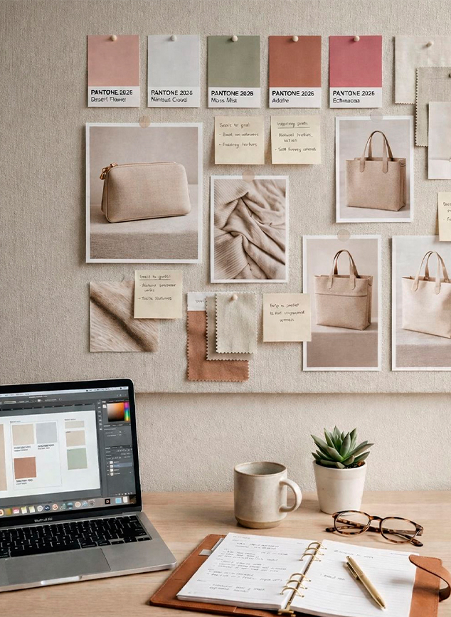 Painel de referências com paleta de cores, amostras de tecido e fotos de bolsas para desenvolvimento de produtos